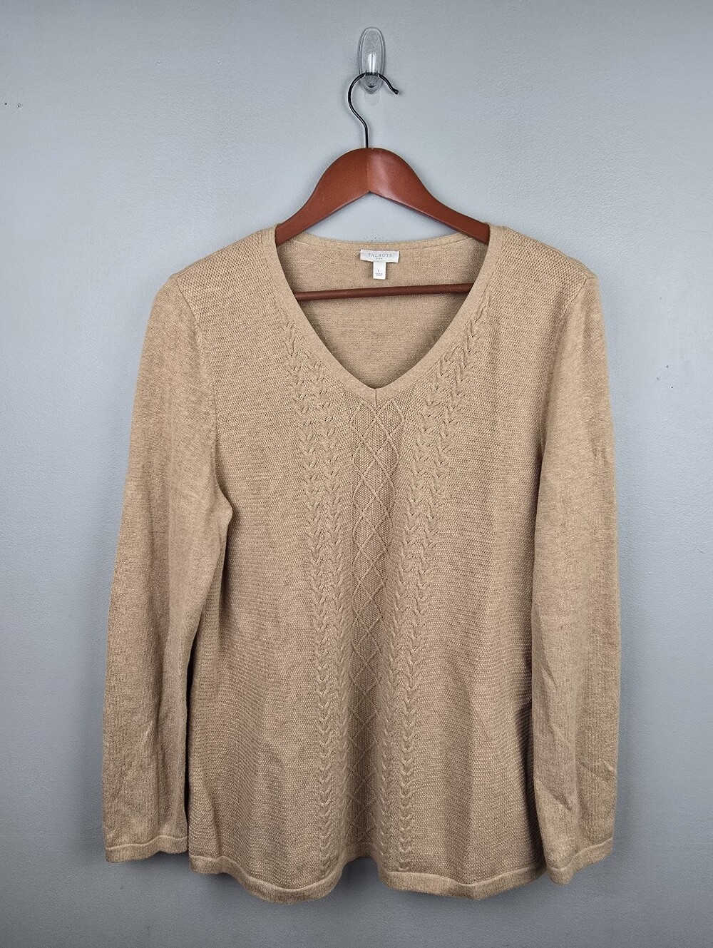 Talbots V-Neck Cotton Knit Pullover Sweater Ribbed Braided Cable Tan Women Sz L